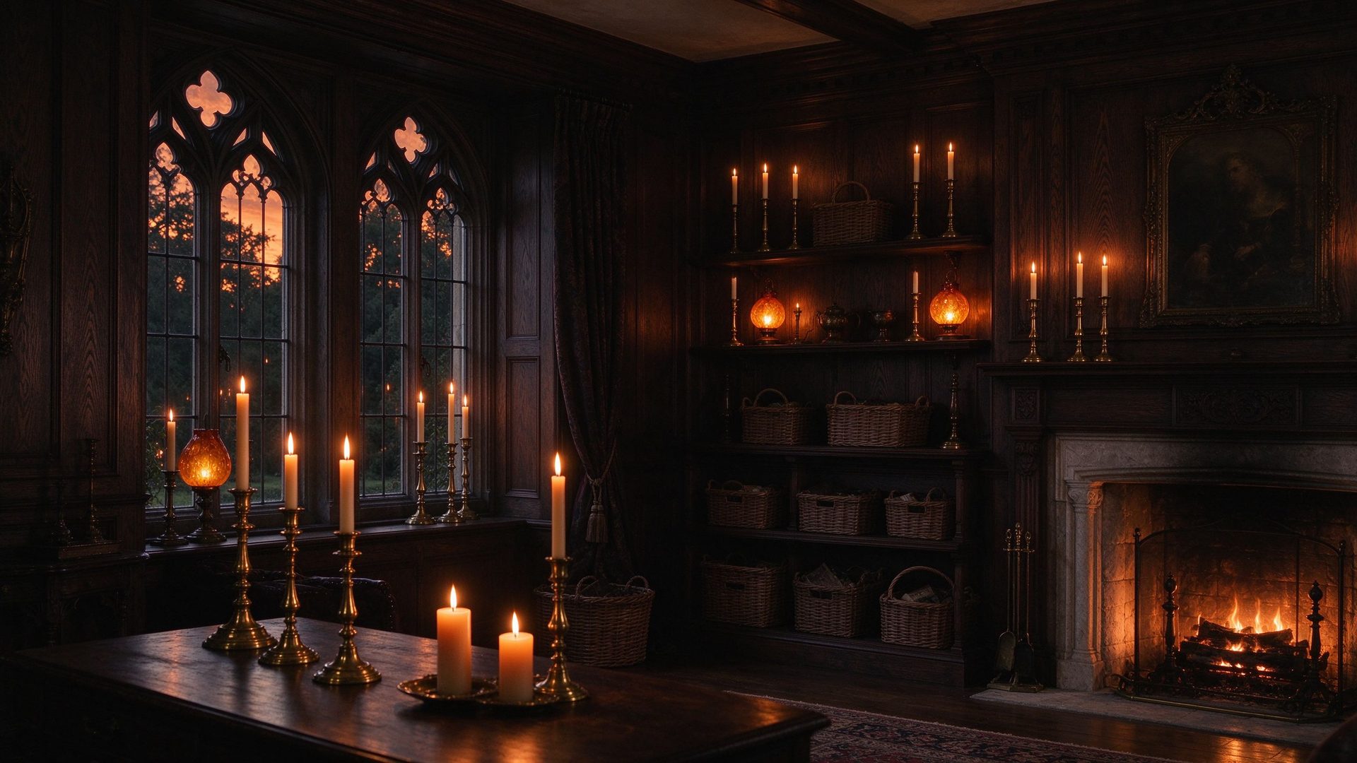 Candlelit gothic European manor interior with arched windows and dark oak panelling