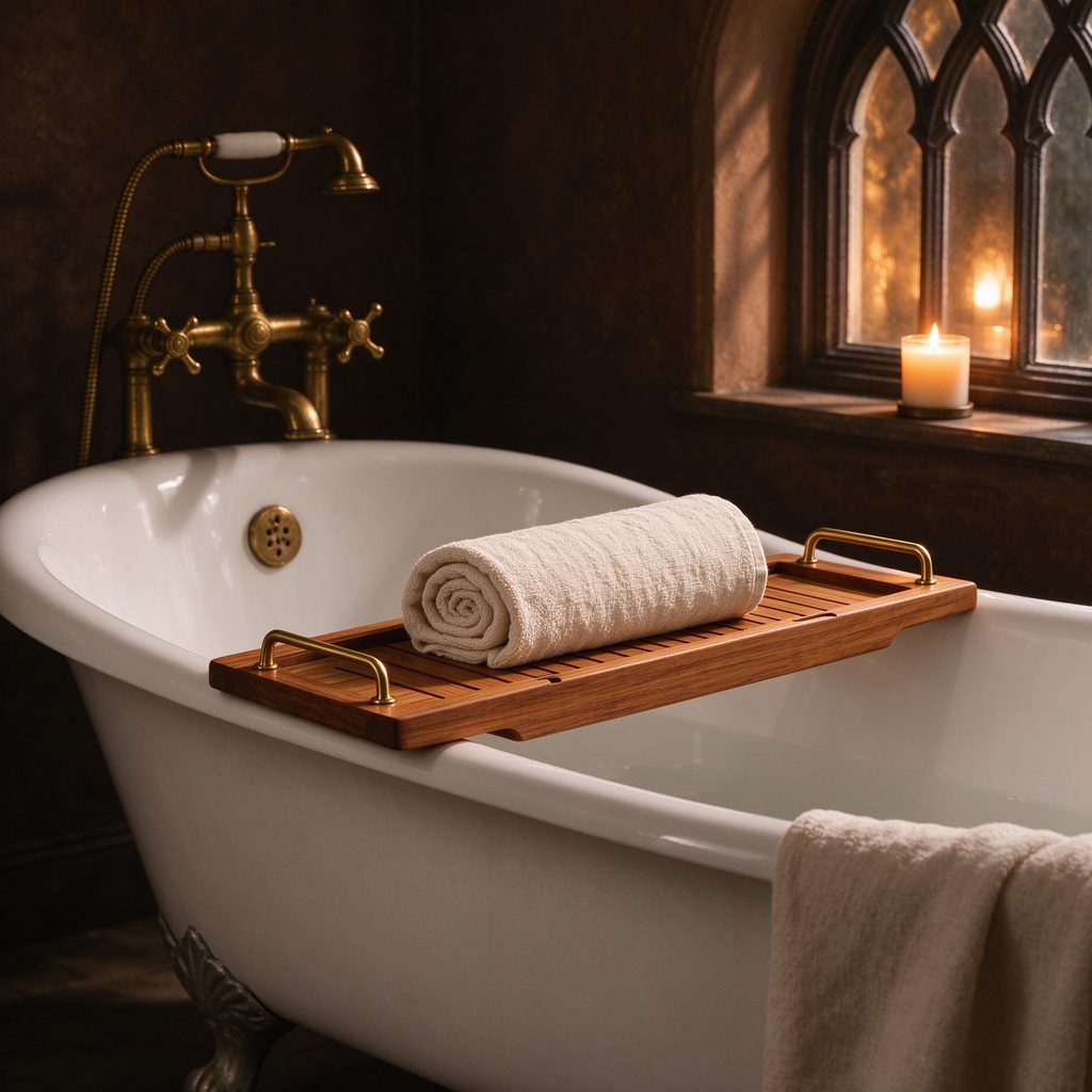 Teak bath caddy with brass handles over a clawfoot tub