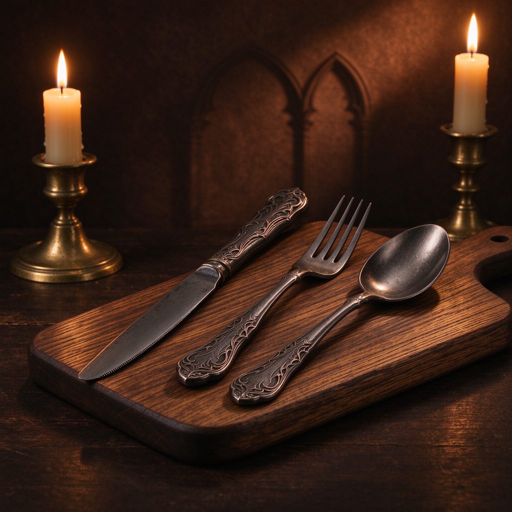 Cast-iron cutlery set with gothic engraved handles