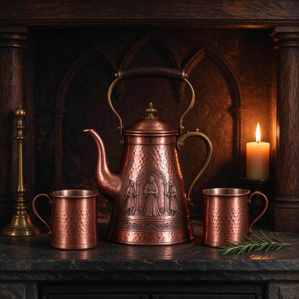 Hammered copper tea set with carved wood handle