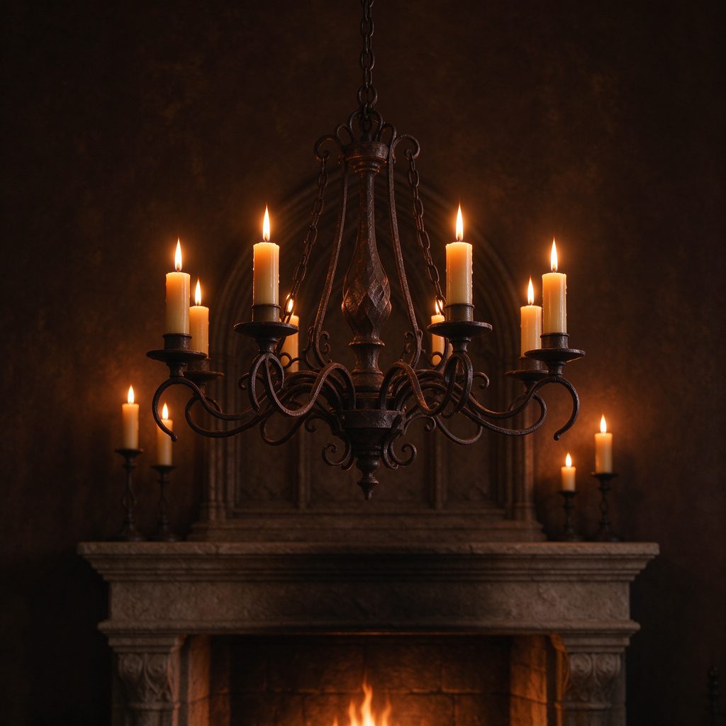 Wrought-iron candelabra chandelier with lit candles