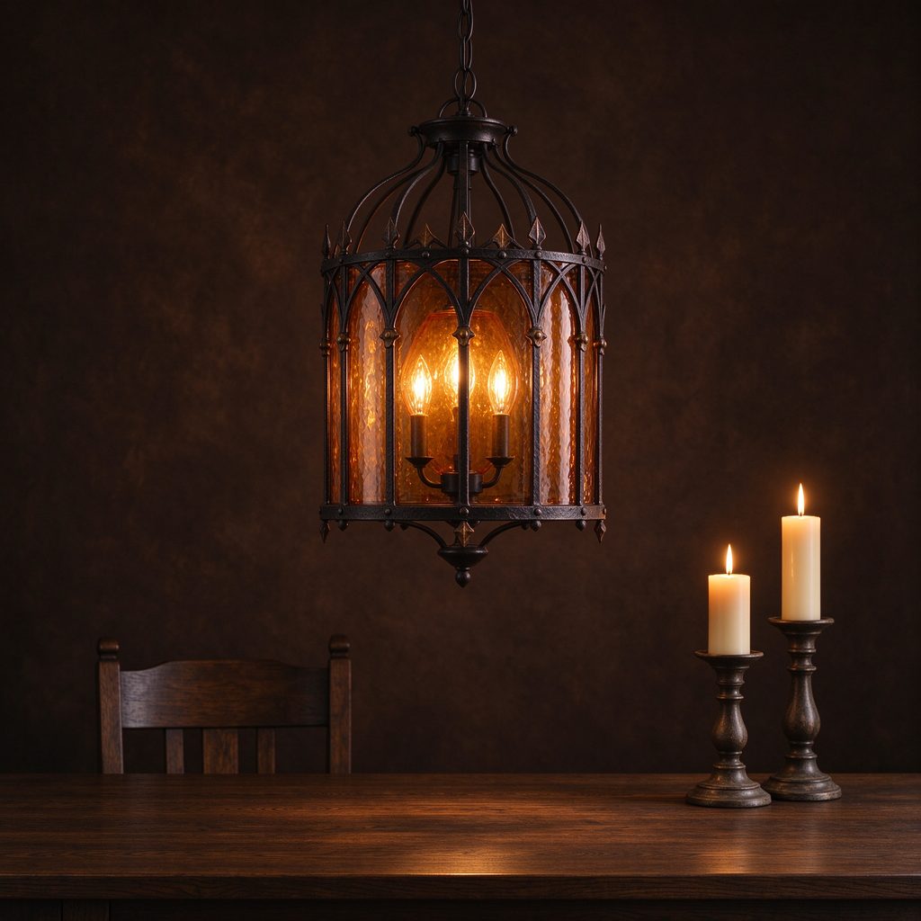 Amber glass pendant lamp in a black iron gothic cage