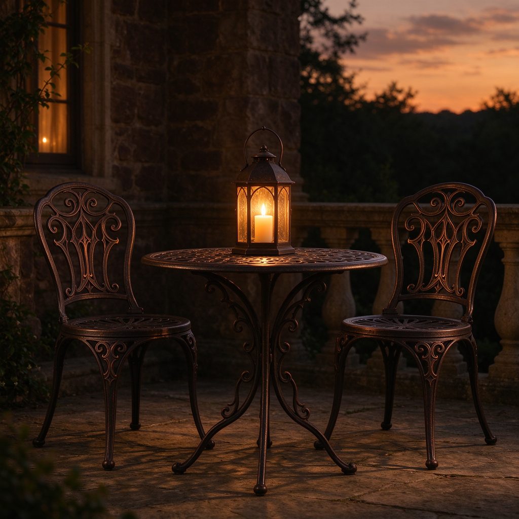 Wrought-iron bistro set with gothic scrollwork on a stone terrace