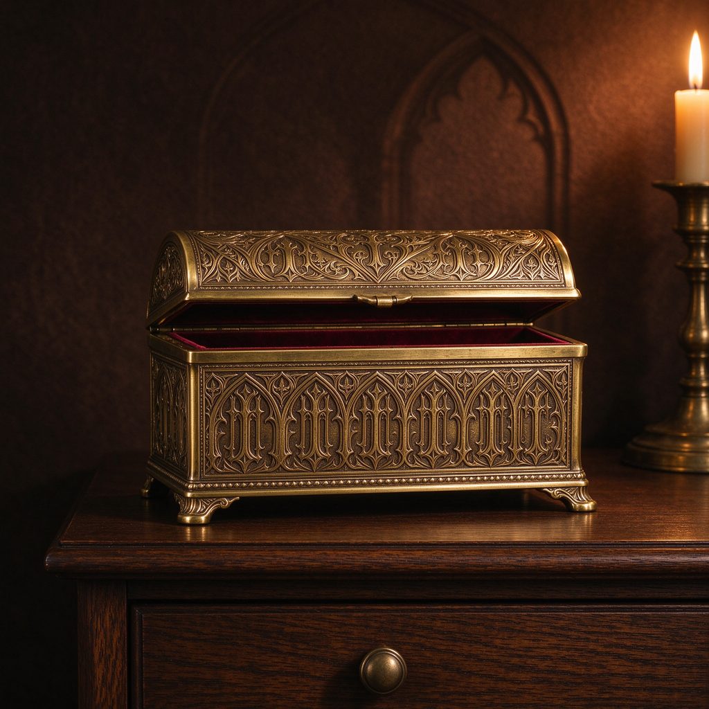 Brass keepsake chest with engraved gothic pattern